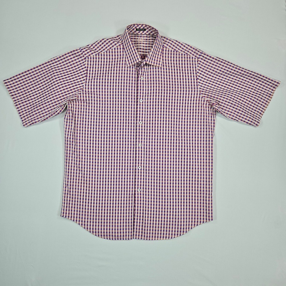 Bugatchi Uomo Classic Fit Purple Tan Check Short Sleeve Shirt L/XL Cotton‎